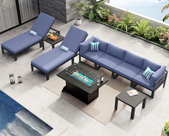 NICESOUL 9 Pcs Aluminum Patio Sectional Furniture Set with Lounger & Fire Pit Table, 500 lbs Heavy Duty Anti-Rust Outdoor Couch, 29" Deep Wide Seat, High End Conversation Sofa for Poolside, Denim Blue