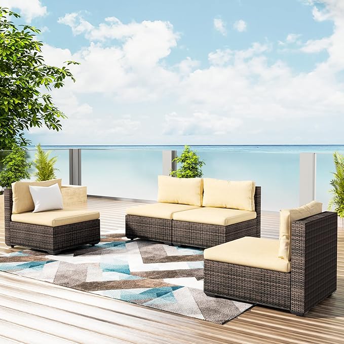Grezone 5 Piece Patio Furniture Set with 44" Fire Pit Table, Outdoor Sectional Couch, PE Rattan Patio Conversation Sets with 4inch Cushions for Backyard Beige