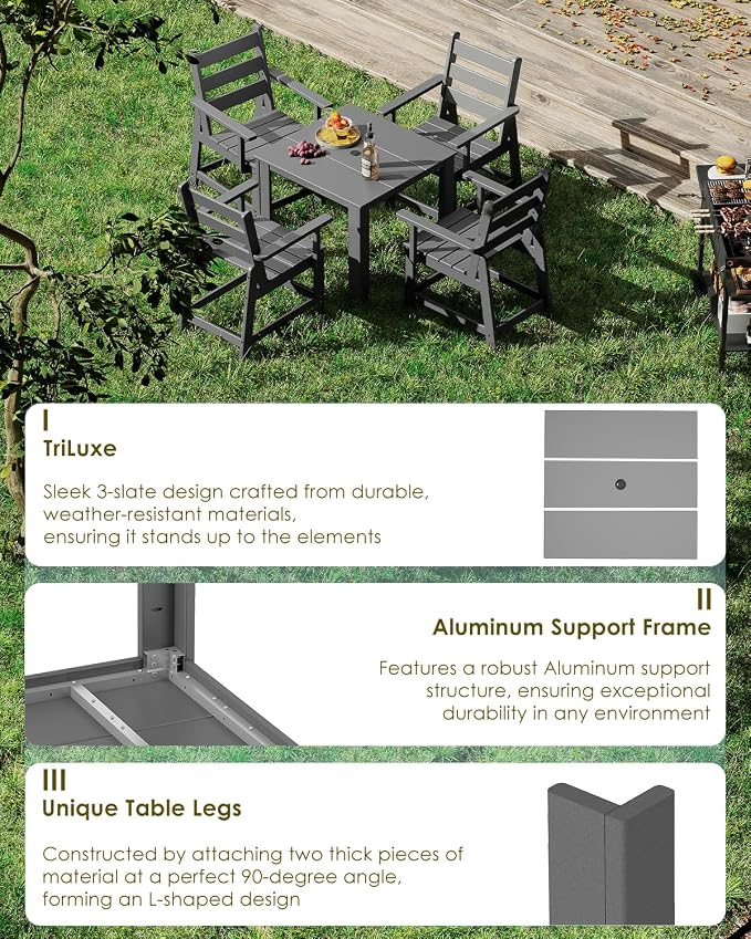 GREENVINES Outdoor-Dining-Table | 35” | HDPE | Patio Furniture | Square Tables for 4 | All-Weather | for Poolside Backyard Garden | Grey