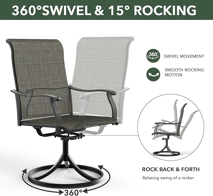 Anmutig 5 Piece Outdoor Glass Round Table and Chairs Set for 4 Person with 41 inch Patio Table, Tan Grey Textilene Retro Armrest Swivel Rocker Chairs - Style1