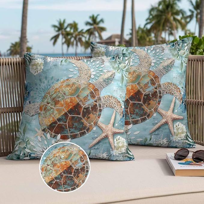 Ocean Turtle Outdoor Waterproof Throw Pillow Covers Set of 2, 26"x26", Retro Blue Nautical Starfish Sealife Decorative Pillow Covers Outside Cushion Case for Patio Porch Garden