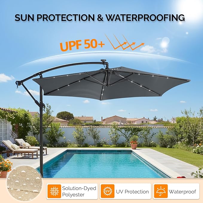 VINGLI 10 ft Cantilever Patio Umbrella, Offset Cantilever Outdoor Umbrella with Solar Lights, Easy Crank & Tilt Adjustment for Backyard, Poolside, Deck