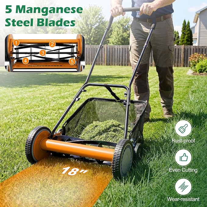 Push Reel Lawn Mower, Cordless 18" Manganese Steel Manual Grass Cutter with 5-Blade, Removable Grass Catcher, 9 Cutting Heights, Walk-Behind Lawn Mower for Garden Farm Yard (Orange)