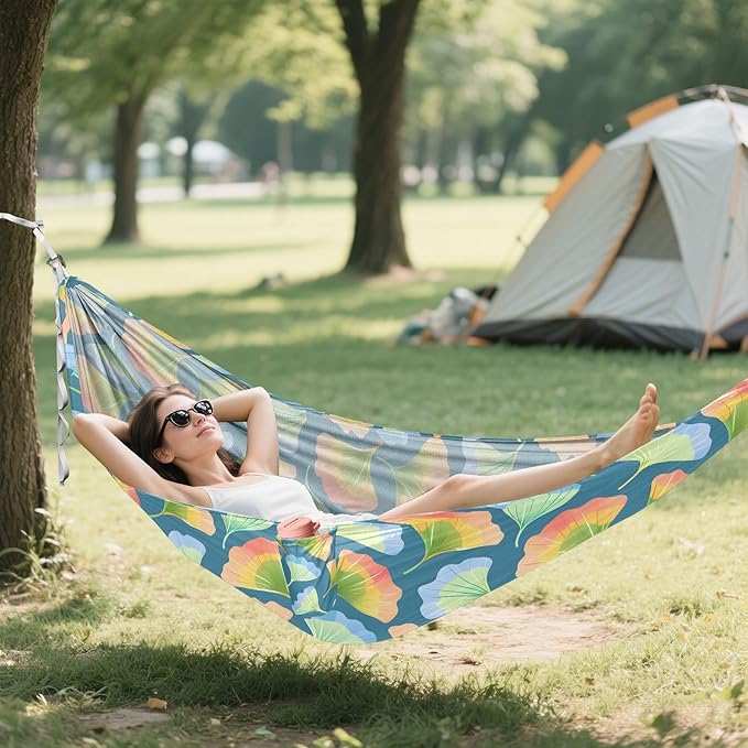 Camping Hammock Outdoor Hammocks for Outside Ginkgo Biloba Leaves Beach Trees Portable Lightweight with Pockets Tree Straps Indoor Small