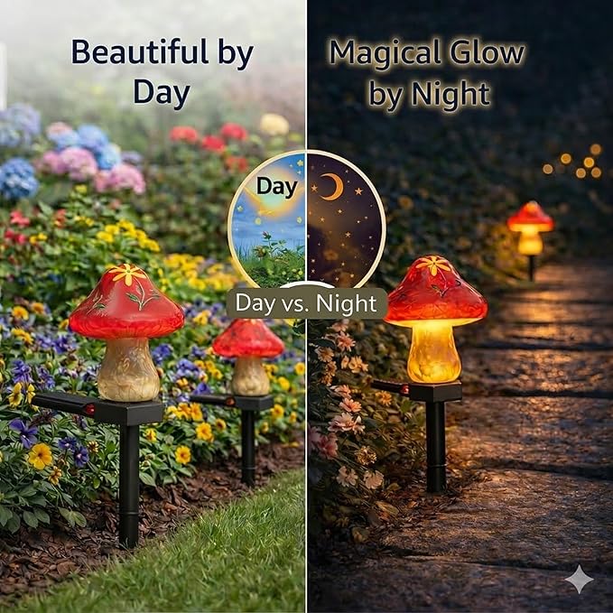 Solar Garden Lights Outdoor, 2 Pack Decorative Solar Mushroom Pathway Lights Waterproof, Resin Garden Lights for Yard Lawn Walkway Patio Decor