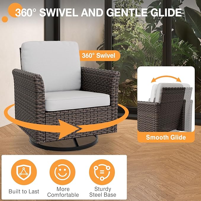 COOS BAY Harbor Retreat 5 Piece Outdoor Furniture Set, Patio Conversation Set with Swivel Rocking Chairs, 2 Seat Loveseat and Ottomans, Wicker Furniture, Brown/Beige