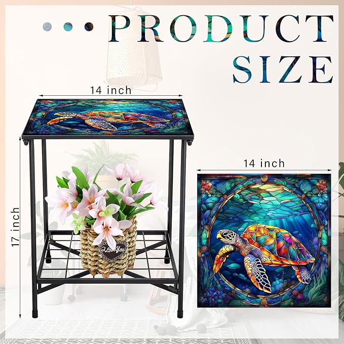 Cinnvoice Outdoor Side Table 2-Tier Storage Square Small Mosaic Patio Accent Indoor End Plant Coffee Tea Table for Yard Patio Porch Garden Living Room, Bedroom(Turtle Style)