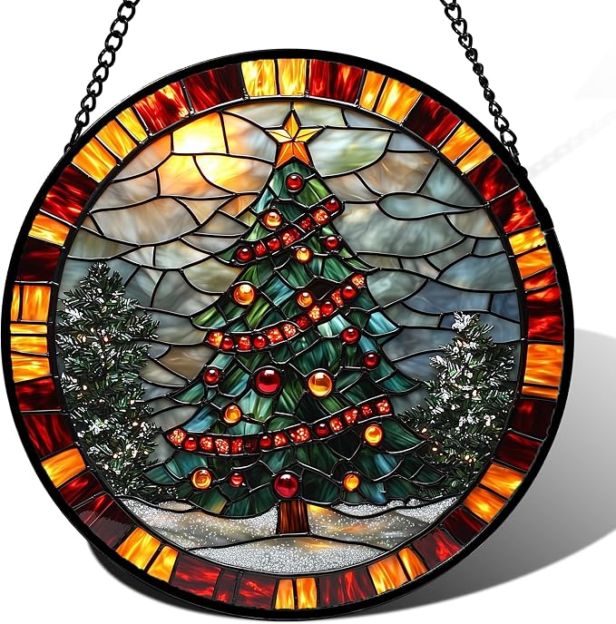 DASTOLL Stained Glass Window Hanging - Winter Christmas Tree Suncatcher Ready to Hang Window Doors Home Decoration, Christmas, Mother's Day Birthday Gifts for Women, Men, and Mom 14.9x14.9 in