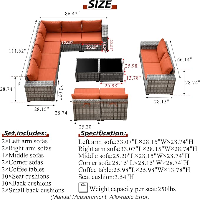HOOOWOOO Outdoor Patio Sectional Furniture Sofa Set with Widened Armrest,12 Piece Large Modern Wicker Couch,Modular L Shaped Conversation Seating Set with Table for Out Door Garden Corner(Orange Red)