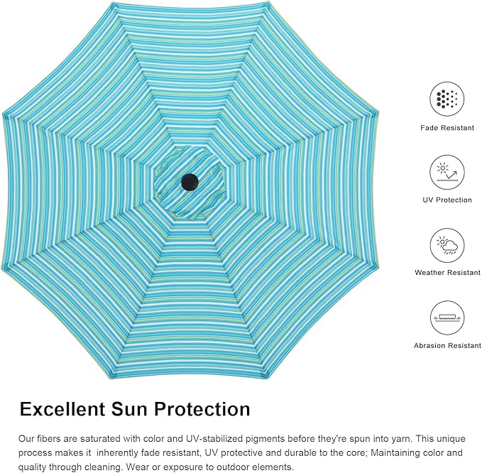 ABCCANOPY 9FT Patio Umbrella - Outdoor Waterproof Table Umbrella with Push Button Tilt and Crank, 8 Ribs UV Protection Pool Umbrella for Garden, Lawn, Deck & Backyard (Turquoise Stripes)