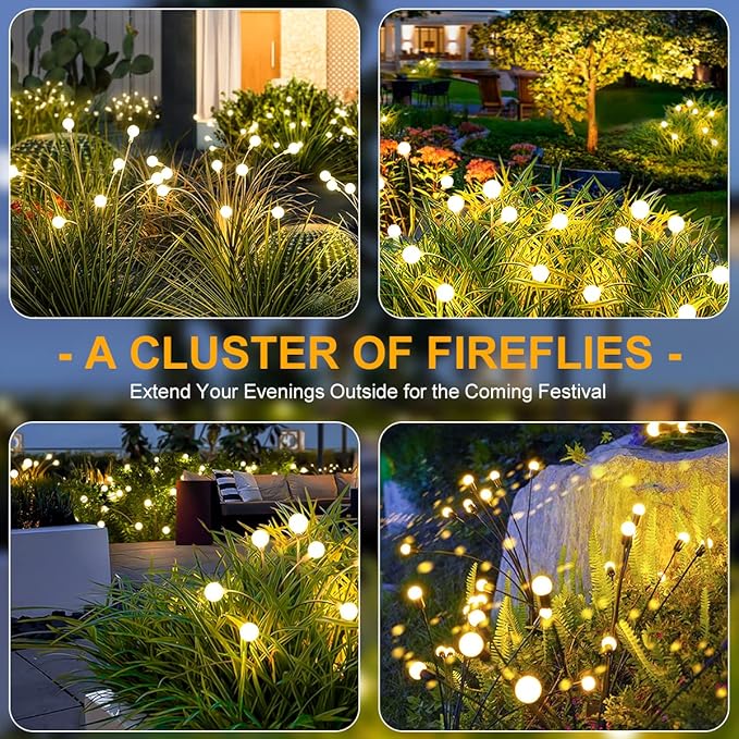 Solar Garden Lights, 𝐔𝐩𝐠𝐫𝐚𝐝𝐞𝐝 Solar Swaying Lights，Landscape Path Lights Outdoor Waterproof, Solar Powered Firefly Outdoor Lights for Yard Patio Decoration, Warm White(2 Pack)