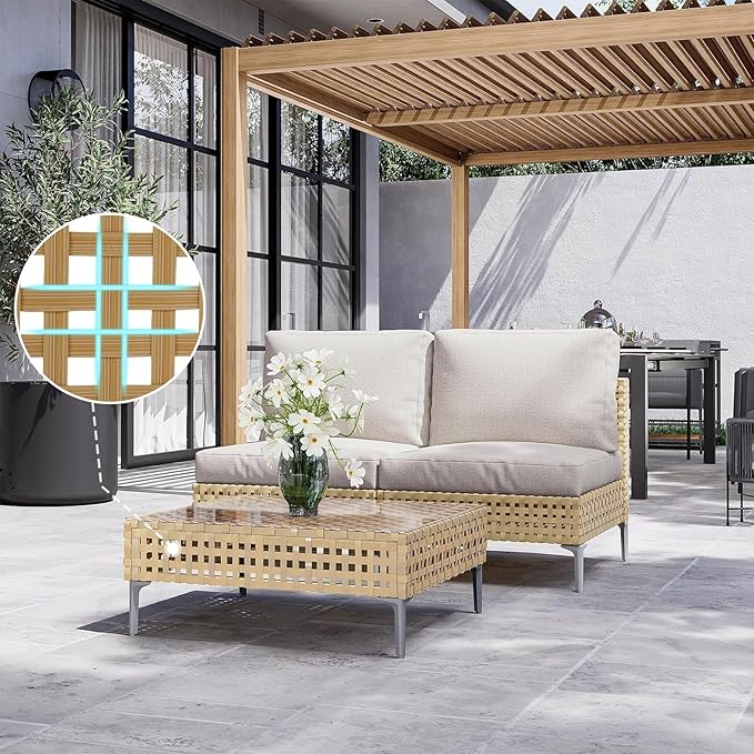 Grand patio 3-Piece Wicker Patio Furniture Set, Outdoor Sectional Conversation Sofa Couch Set with Beige Cushions Thickened Water Resistant Cushions and Glass Table for Lawn, Garden, Backyard