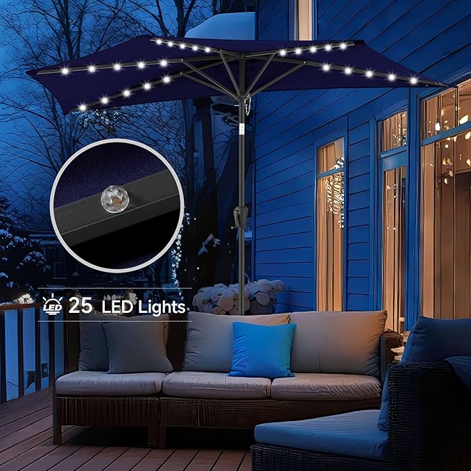 9ft Solar Half Umbrellas Outdoor - LED Half Patio Umbrella with 25 Lights, UV Protection Waterproof, Half Round Umbrella for Wall Balcony, Pool, Porch, Garden, Deck, Backyard, Navy Blue