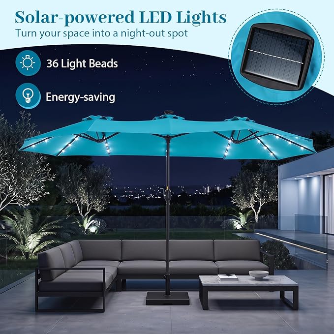 Tangkula 13 Ft Solar Patio Umbrella, Double-Sided Extra Large Outdoor Market Table Umbrella with 36 LED Lights, Crank Handle, 12 Sturdy Ribs for Poolside, Garden & Backyard (Turquoise)