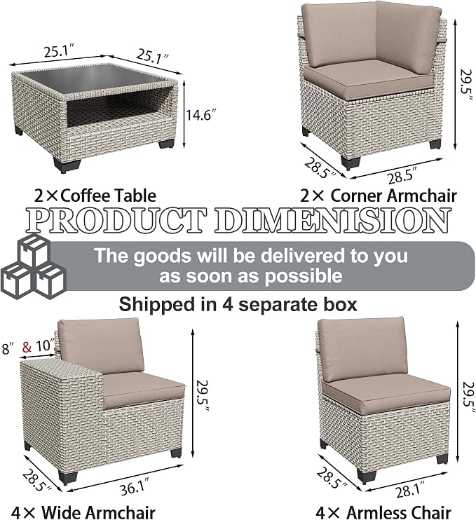 12-Piece Outdoor Patio Furniture Set, Modular Sectional Sofa Set with Glass Coffee Table and Cushions, Wicker Outdoor Couch Conversation Sets, Khaki