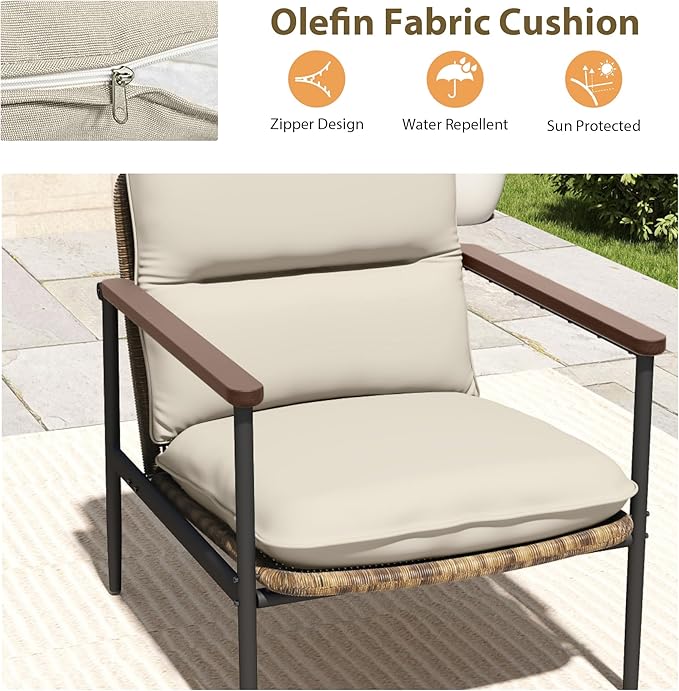 HAPPATIO 4-Piece Outdoor Furniture Set, Aluminum Patio Converation Set with Wicker Seat and Acacia Wood Armrest, 3-Seat Sofa Set with Olefin Cushion and Wood Table for Garden Lawn Backyard