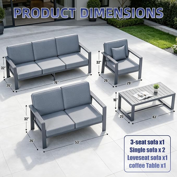 Premium Aluminum Patio Furniture Set 5 Piece,Outdoor Conversation Set with Wide Armrests,5" Thick Cushions, Olefin Fabric,Rustproof Metal Frame,Deep Seating Patio Sofa Set for Backyard,Deck,villa,Gray
