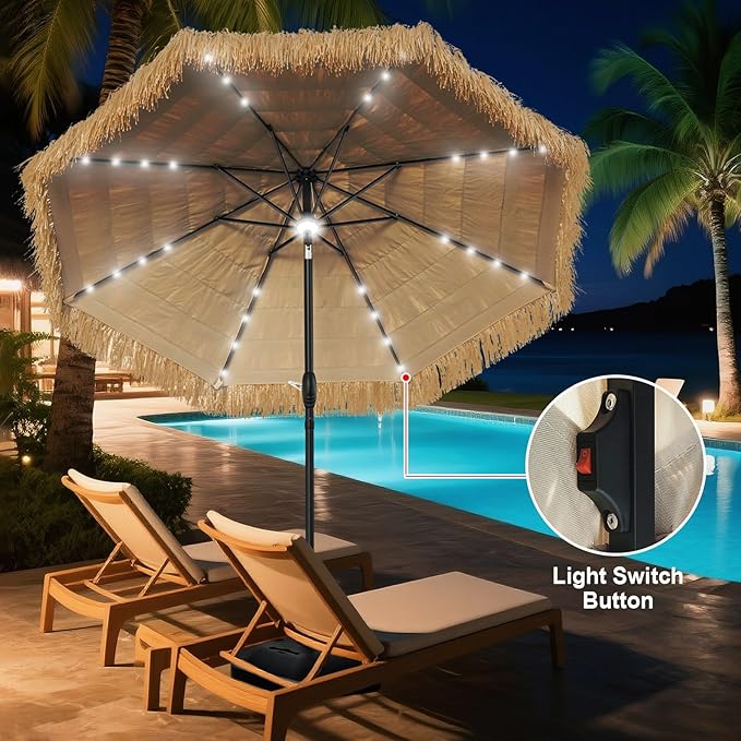 9 FT Solar Thatch Tiki Umbrella, Hawaiian Style Straw Umbrellas with Zinc Alloy Push Button Tilt, UPF 50+ Patio Umbrella,Outdoor Umbrella with 32 LED Lights for Beach, Pool,Garden