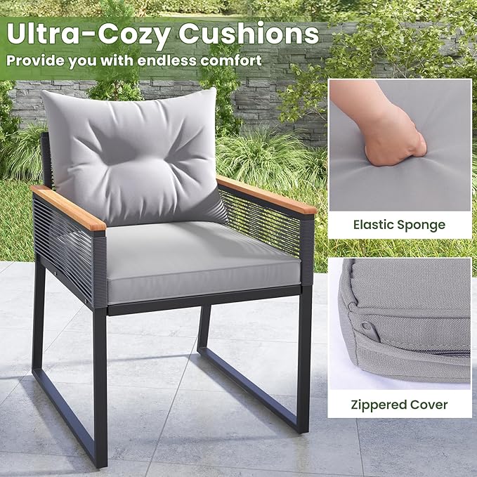 Tangkula 3 Piece Outdoor Conversation Set, Patio Rattan Cushioned Armchairs and Table, with Heavy Duty Metal Frame and Acacia Wood Armrests, for Front Porch, Poolside