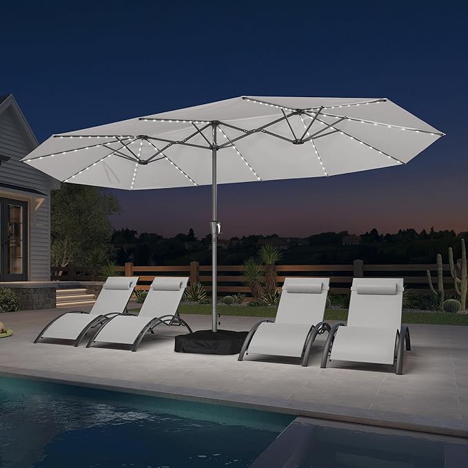PURPLE LEAF 15ft Double-Sided Patio Umbrella with Base and Solar Lights Outdoor Market Umbrella with Crank Handle Rectangle Umbrella for Backyard Pool Garden Deck, Cream