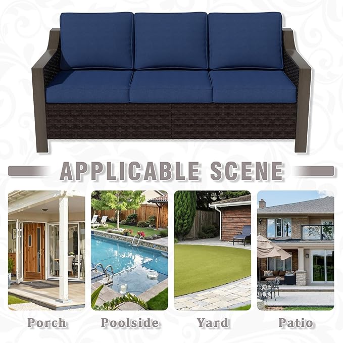 74 Inch Patio 3-Seater Sofa,PE Wicker Outdoor Lounge with Thick Removable Water-Resistant Cushions, Rust-Proof Steel Frame, 900LBS Capacity, Blue