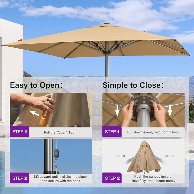 PURPLE LEAF 13 X 13 FT Extra Large Commercial Square Patio Umbrella Maximum Coverage Heavy Duty Wind Resistant Vented Canopy Reinforced Frame for Restaurant Hotel Resort Cafe Outdoor Dining Area Business Use Beige