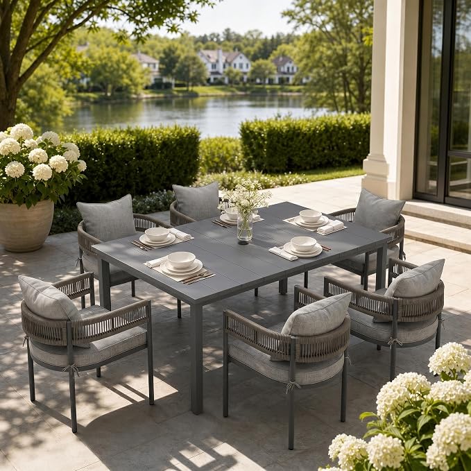 VICLLAX Patio Dining Set, 63" Dark Grey Table & 6 Chairs with Grey Cushion | Outdoor Table and Chairs Set of Rectangular Metal Patio Table, Outdoor Dining Chairs with Metal Frame, Garden Deck Porch