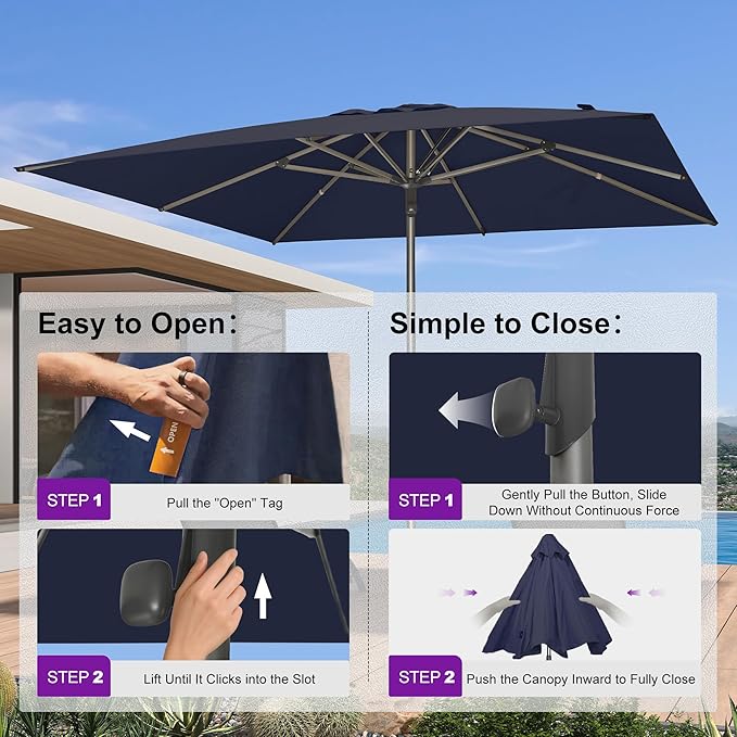 PURPLE LEAF 10 X 10 FT Commercial Square Patio Umbrella Semi Auto Heavy Duty 1.9" Aluminum Pole Wind Resistant Ribs for Restaurant Cafe Outdoor Dining Beach Bar Hotel Pool Resort Garden Deck Navy Blue