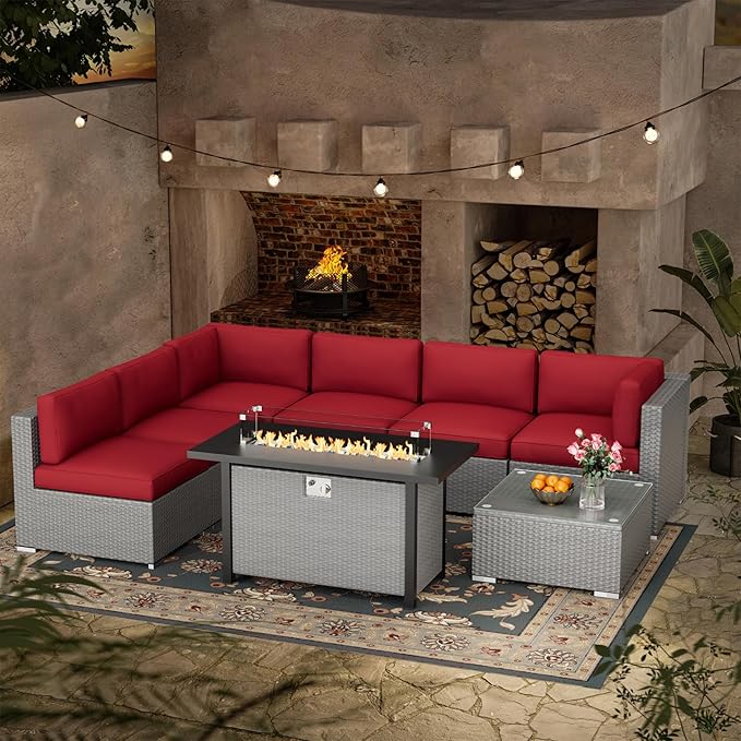 Oakcloud 8-Piece Outdoor Patio Furniture Sofa Set with 45” Propane Gas Fire Pit Table, Grey Rattan Wicker Sectional Conversation Sets with Glass Top Tables and Cushions(Red, w/Fire Pit Table)