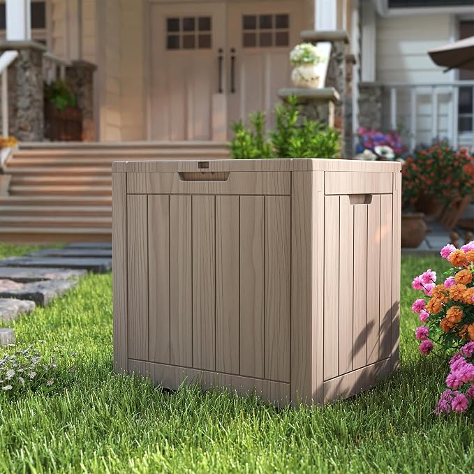 35 Gallon outdoor cushion storage deck boxes outdoor waterproof, package delivery boxes for outside, Outdoor Storage Lockable for Patio Furniture, Garden Tools and Pool Supplies, Light Brown