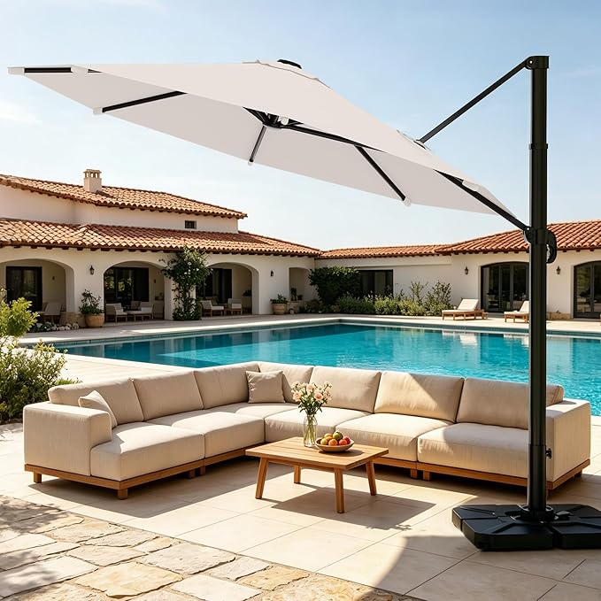 AreShark 11FT Round Cantilever Patio Umbrella with Base Included, 360° Rotation Offset Outdoor Umbrella, 5 Tilt Settings Heavy Duty Hanging Parasol for Deck Garden Pool, Cream White