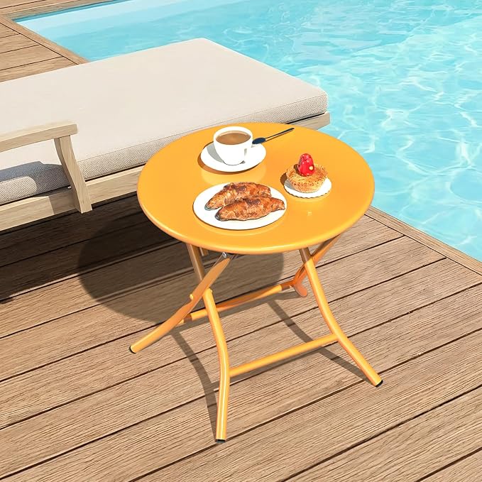 VINGLI Patio Metal Folding Side Table, Portable Small Outdoor Folding Round Table, Perfect for Indoor and Outdoor Spaces Like Balconies, Backyards, Porches, and Patios.Yellow（1 Pack）