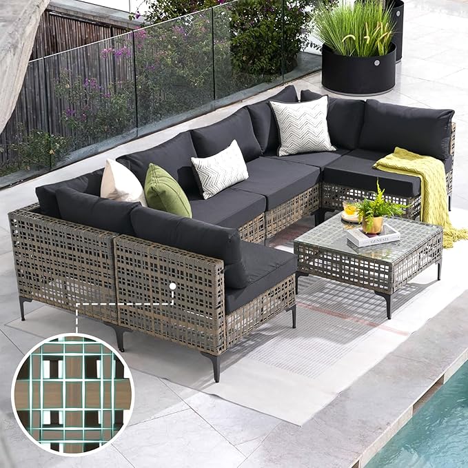 Patiorama 7 Piece Wicker Patio Furniture Set, Metal-Colored PE Rattan Outdoor Sofa Set Patio Sectional with Water Resistant Cushion and Coffee Table, Outdoor Couch, Porch, Backyard-Black