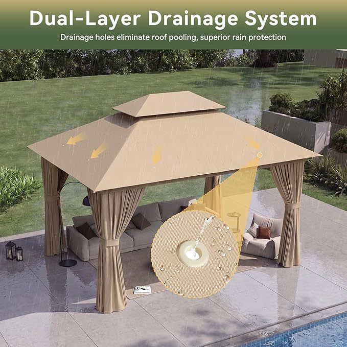 12'x10' Gazebo, Outdoor Gazebo Metal Frame Canopy with Double Roofs, Heavy Duty Patio Tent Shelter with Mosquito Netting and Privacy Screen for Backyard, Beige