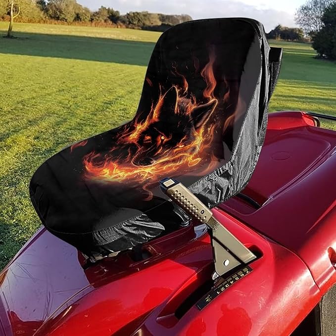 Wolf Flame Lawn Mower Seat Cover Non-Slip Anti-Dirt Tractor Seat Cushion Without Armrest for Skid Loader Backhoe Dozer Telehandler