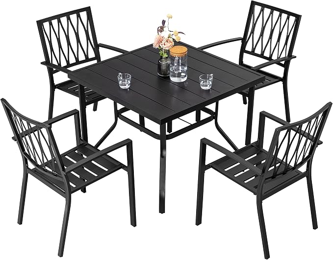 NUU GARDEN 5 Piece Patio Dining Set, 4 Metal Patio Dining Chairs Stackable and 37" Square Dining Table with 1.57" Umbrella Hole for Backyard, Deck, Patio, Garden, Black