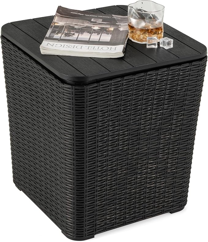 LDAILY 11.5 Gallon Outdoor Storage Box, Deck Box with Table Top & Stool, Resin Wicker Patio Side Table with Storage, Removable Lid, 330Lbs Capacity for Poolside, Balcony (Black)