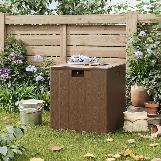 Large 28 Gallon Outdoor Storage Deck Box with Locking Lid - Heavy-Duty Waterproof Resin Construction, for Patio Cushions, Gardening Supplies & Package Protection, Includes Handles, Brown 1