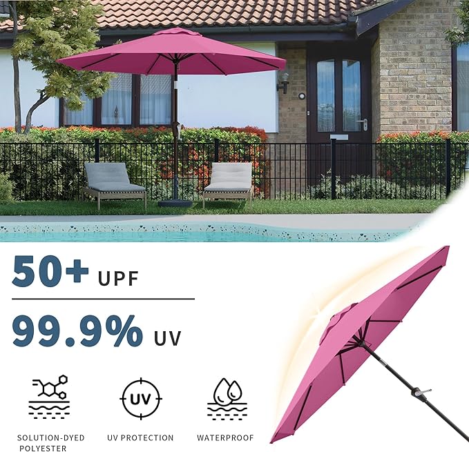 10FT Patio Umbrella, Outdoor Umbrella with Push Button Tilt and Crank, 8 Sturdy Ribs, UV Protection & Waterproof Market Umbrella for Pool, Backyard, Beach,Deck (Rose Pink)