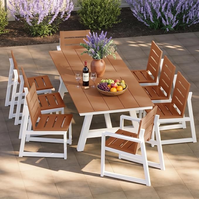 Costaelm Rectangle Patio Table, 8-Person Backyard Table 90" HDPE Dining Table with Umbrella Hole and Metal Frame for Outside, Garden, Poolside, Deck, Porch, Balcony, Teak