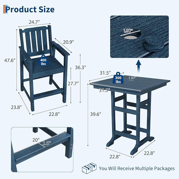 3-Piece HDPE Outdoor Bar Table and Stools Set, 39.6" Tall Pub Table with Umbrella Hole and 2 Counter Height Chairs, Weatherproof Patio Dining Furniture for Backyard, Balcony, Bistro, Navy Blue