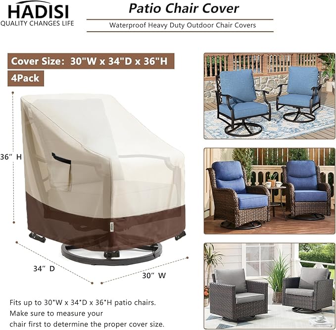 Patio Chair Covers for Outdoor Furniture Waterproof 4 Pack, Heavy Duty Waterproof Outdoor Swivel Chair Cover (30"W x34"D x36"H - Beige)