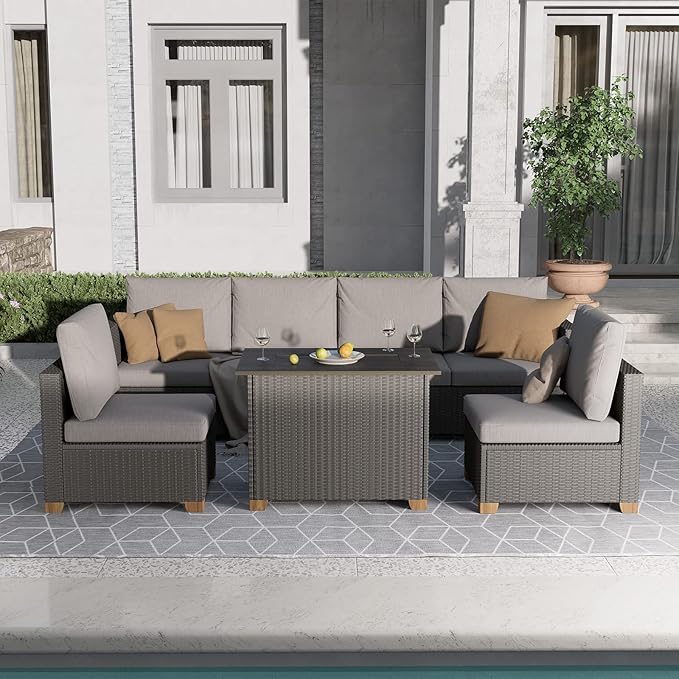 Grand patio 5 Pieces Wicker Outdoor Furniture Set,Patio Furniture Set with CSA Certification Fire Pit Table,Modular Sectional Sofa Sets with Olefin Cushions, 50,000 BTU Heat Output (Light Gray)