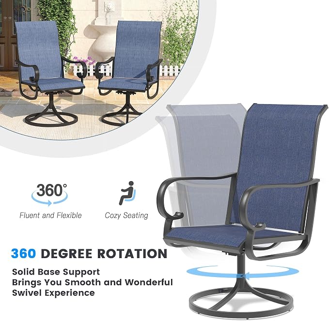 DIFY 5 Pieces Patio Dining Set, 40.2" Black Square Dining Table with Umbrella Hole and 4 Blue Swivel Patio Chairs, All Weather Metal Outdoor Dining Furniture Set for Lawn Garden Balcony