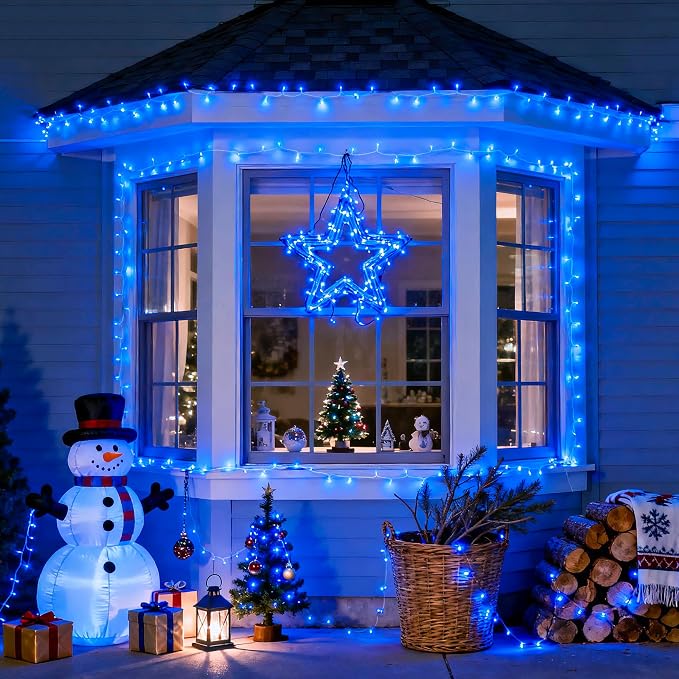JMEXSUSS 8 Modes 163 FT 500 LED Blue Christmas Lights Outdoor Waterproof | Remote Control Blue String Light Plug in, Clear Wire Christmas String Lights for Tree Yard Patio House Party Decorations