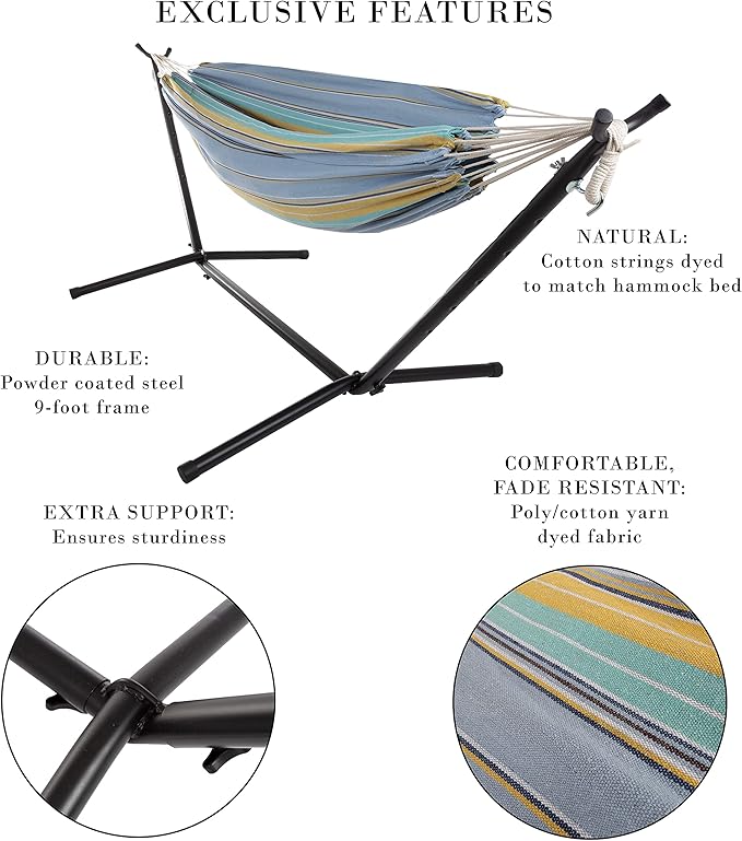 Double Brazilian Hammock with Stand Included - Woven Cotton, 2-Person, Outdoor Swing with Frame for Camping, Backyard, or Patio by Pure Garden