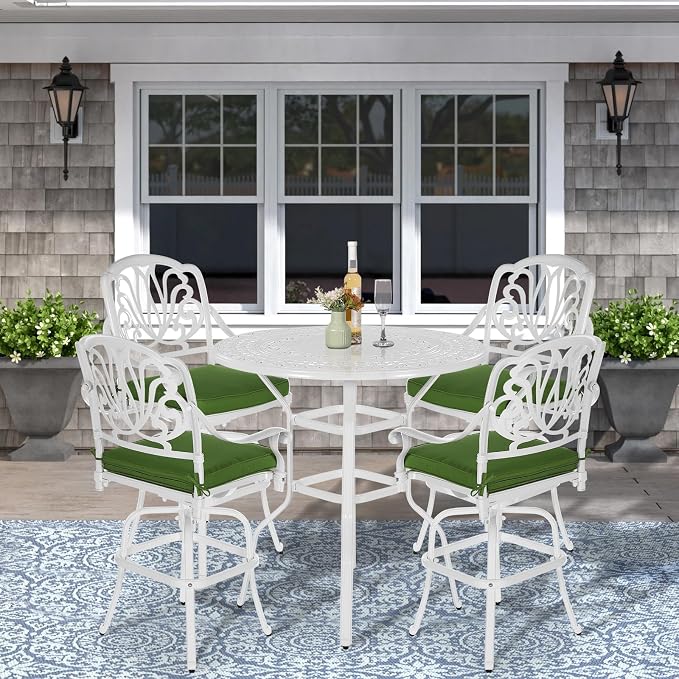 VIVIJASON 38.5" Patio Height Bar Table, All-Weather Cast Aluminum Bar Bistro Table Outdoor Patio Round Dining Table with Umbrella Hole for Balcony, Lawn, Garden, Backyard, White