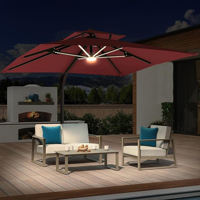 10x10 FT Cantilever Patio Umbrella with Led Lights Double Top Outdoor Square Large Heavy Duty Aluminum Offset Umbrellas with 7 Level Tilt 360-degree Rotation for Pool Garden Deck, Wine Red