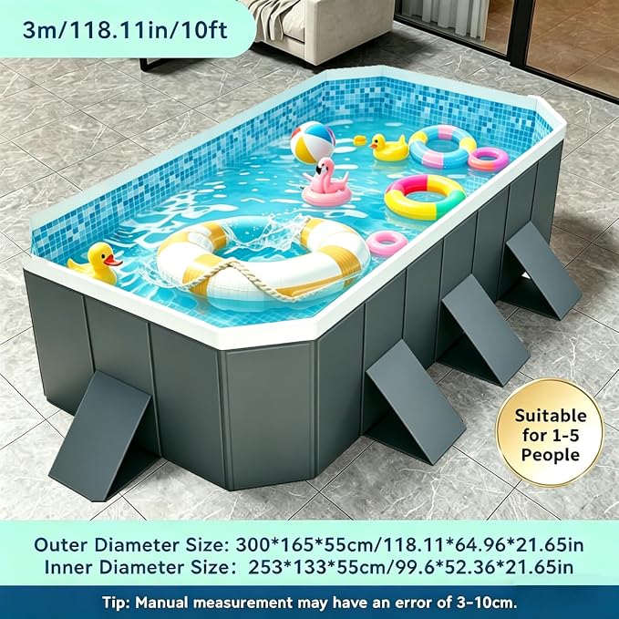 Foldable Swimming Pool, Rectangular Above Ground Swimming Pool for Outdoor Family Square Pool with Drain Plug and Drain Hole, Easy to Assemble Pool for Backyard Dog Pools (116" L x 65" W)