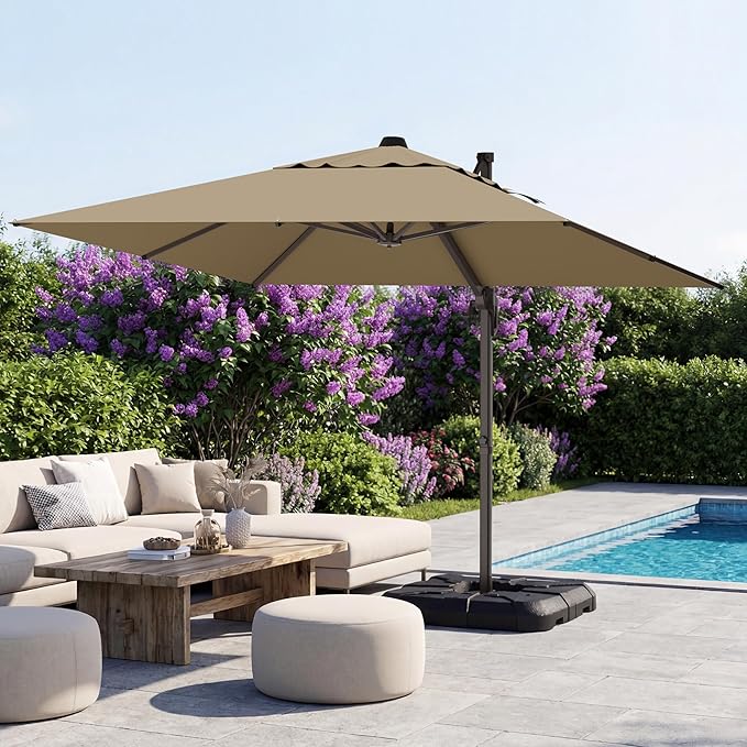 GENTEACO 10X10 FT Cantilever Umbrella, Large Offset Patio Umbrella with 6 Angle Tilts & 360° Rotation, Large Square Sun Umbrellas for Outdoor Patio Pool Deck Market, Tan